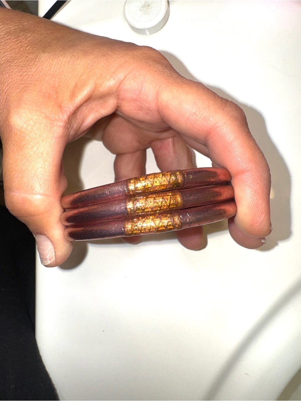 Budhagirl all weather bangles LARGE~Set of Three Metallic Rose Gold Bangles - Picture 3 of 9